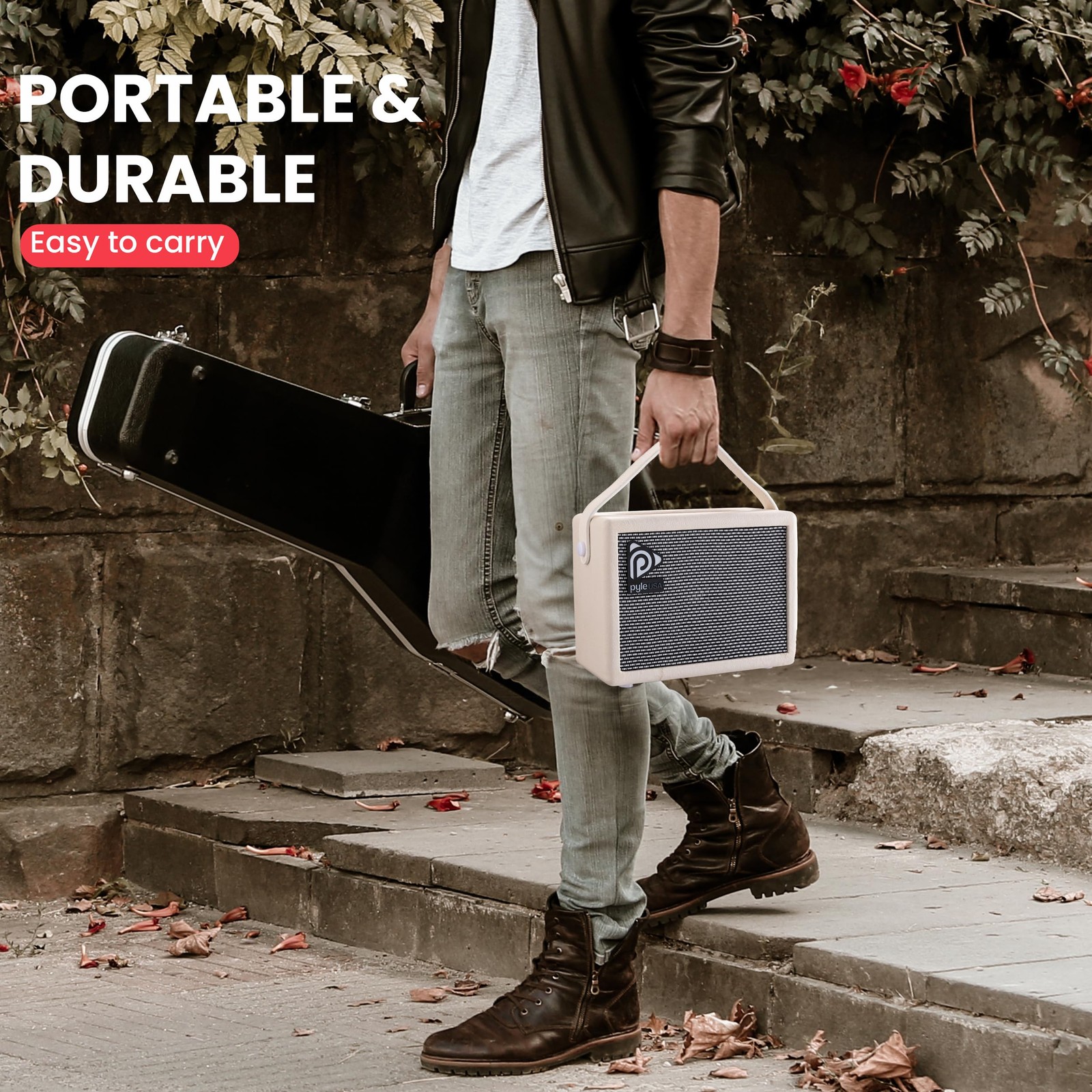 Pyle Portable Electronic Guitar Amplifier – 5” Speaker with Controls (White)
