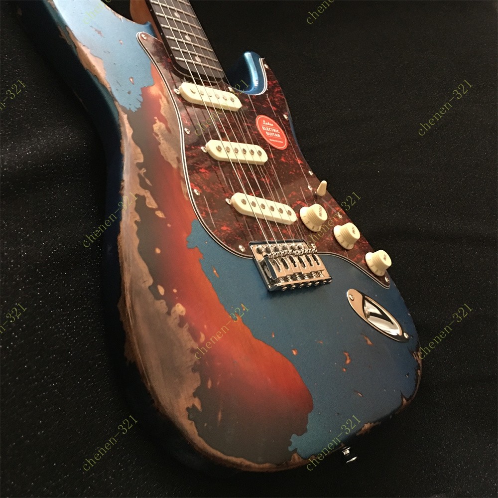 Electric Guitar Stainless Fret Red Turtle Shell Pickguard Blue 3-tone Sunburst