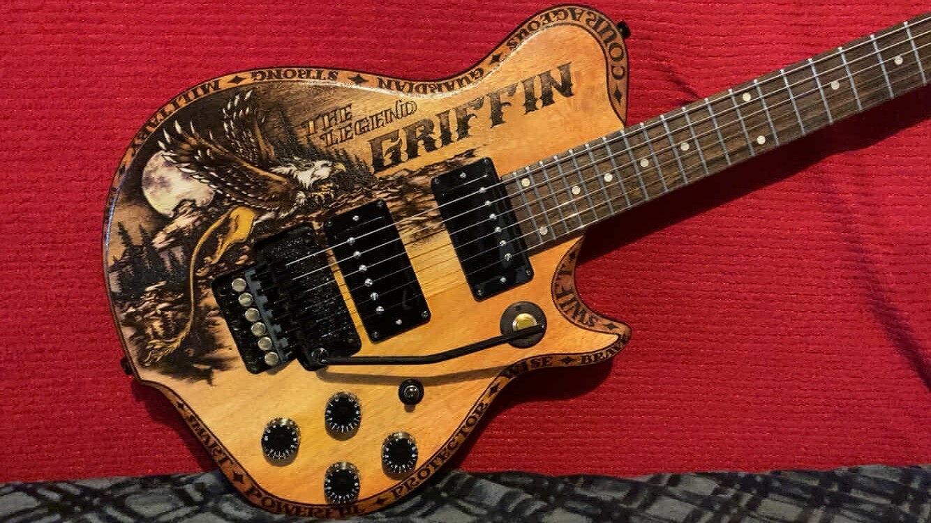 FLOYD ROSE/GIBSON STYLE custom wood burned “Griffin” electric guitar