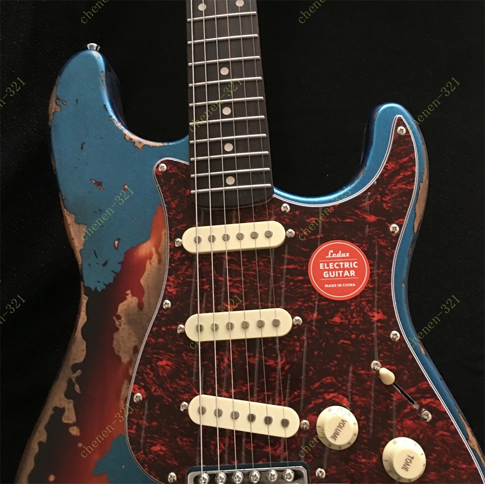 Electric Guitar Stainless Fret Red Turtle Shell Pickguard Blue 3-tone Sunburst
