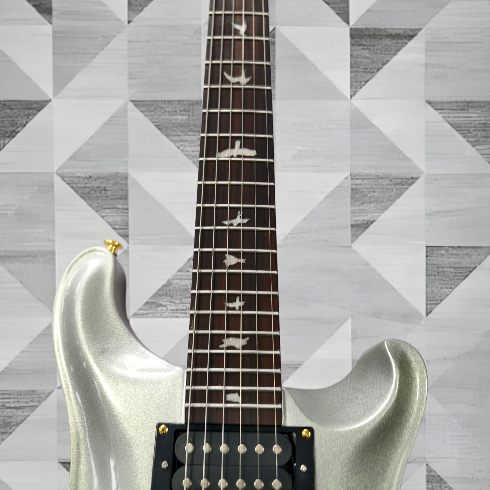 US Ship Metallic Silver Electric Guitar Bird Abalone Fret Inlay Gold Hardware