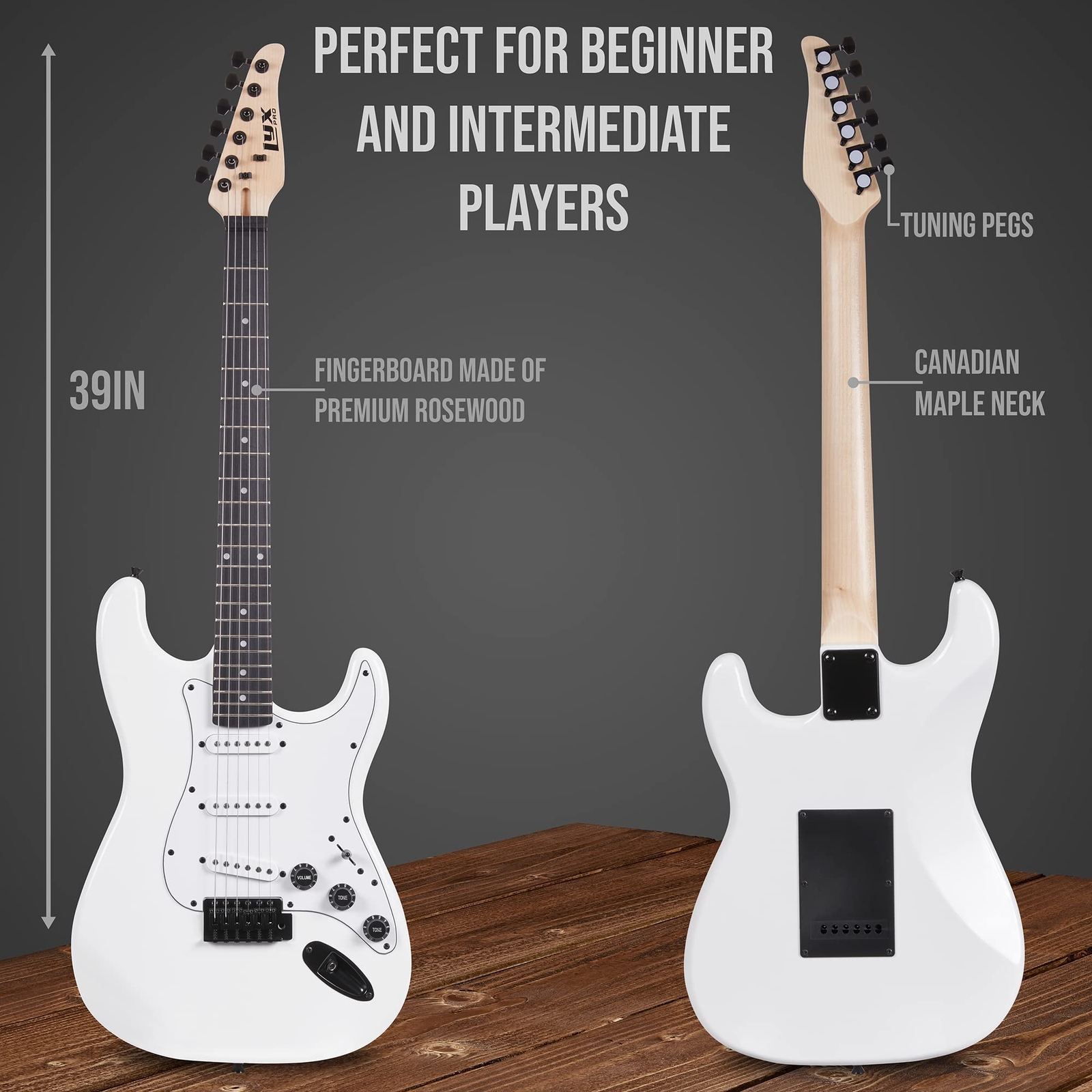 LyxPro Beginner 39” Electric Guitar & Electric Guitar Accessories, White