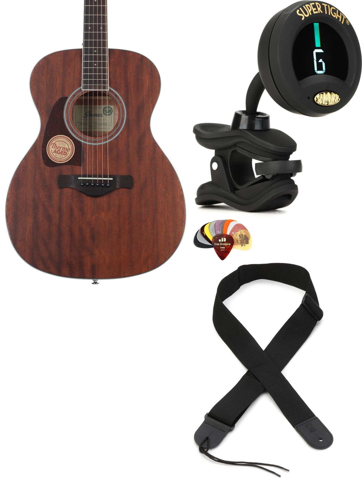 Ibanez AC340LOPN + Snark ST-8 + Dunlop PVP101 + Levy’s M8POLYA-BLK Value Bu