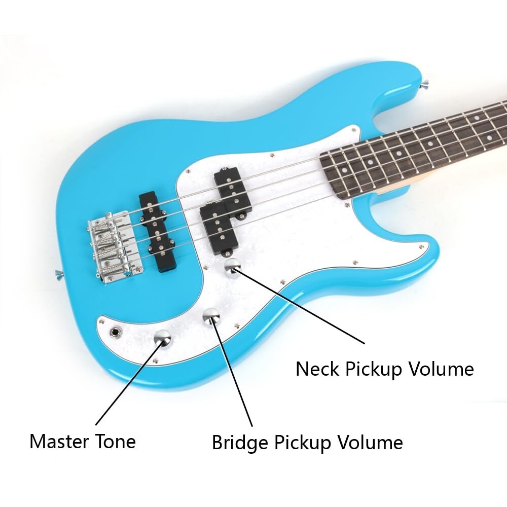 Full size electric PJ bass set with amplifier gigbag strap strings cable in blue