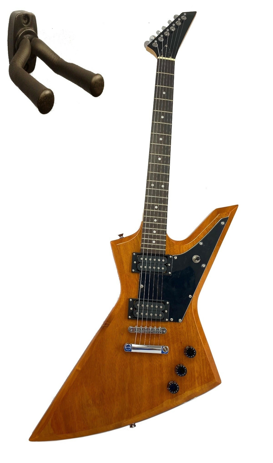 Full Size Rock Style Electric 6 String Guitar Solid Wood Neck Natural & Hangar