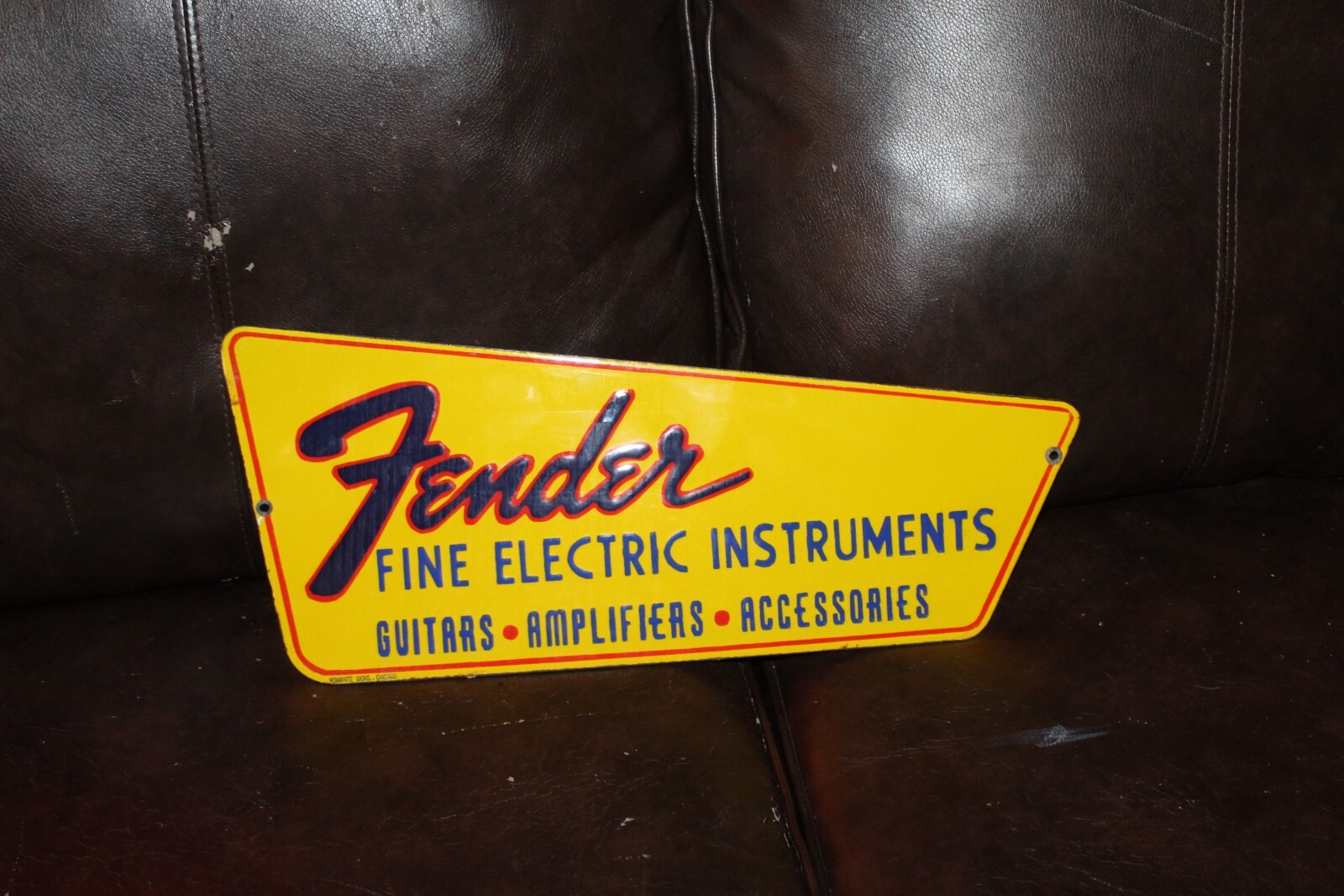 RARE LARGE FENDER GUITAR AUTHORIZED DEALER PORCELAIN METAL SIGN AMP ROCK BEATLES