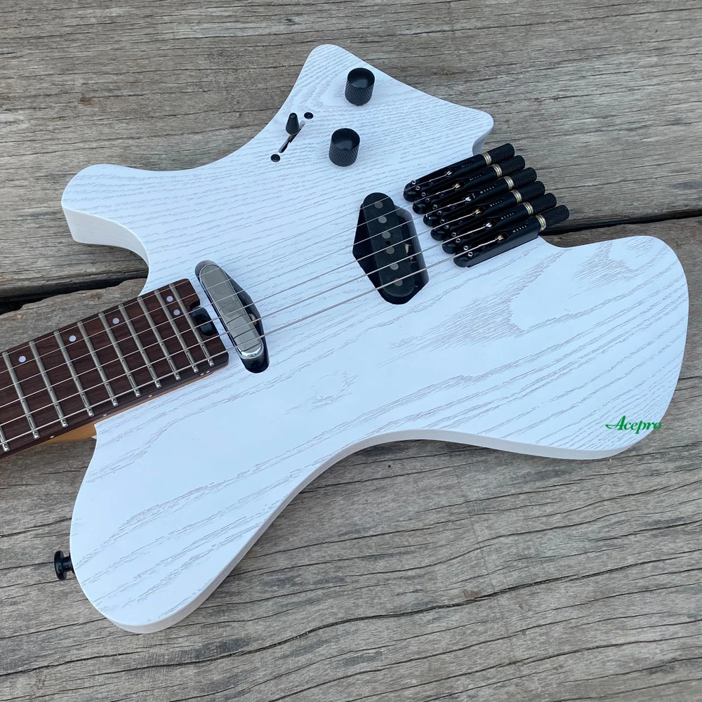 Acepro Upgraded Headless White Electric Guitar 2 Single Jumbo Stainless Steel