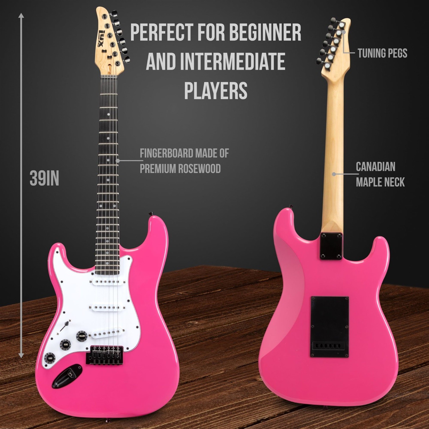 LyxPro 39in Left Handed Electric Guitar Kit Amp Tuner Strap Case Cable Full Pink
