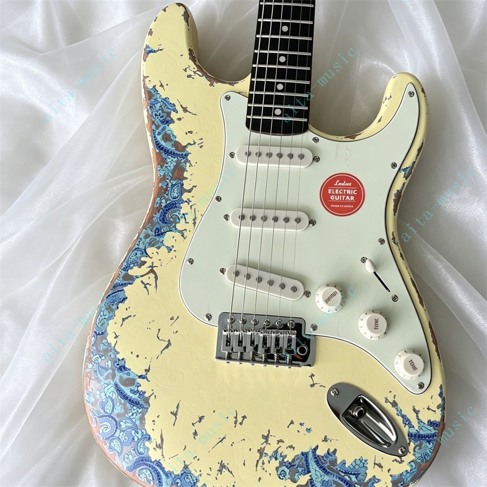 Solid Electric Guitar Stainless Rounded Fret Cream over Blue Paisley Fast Ship
