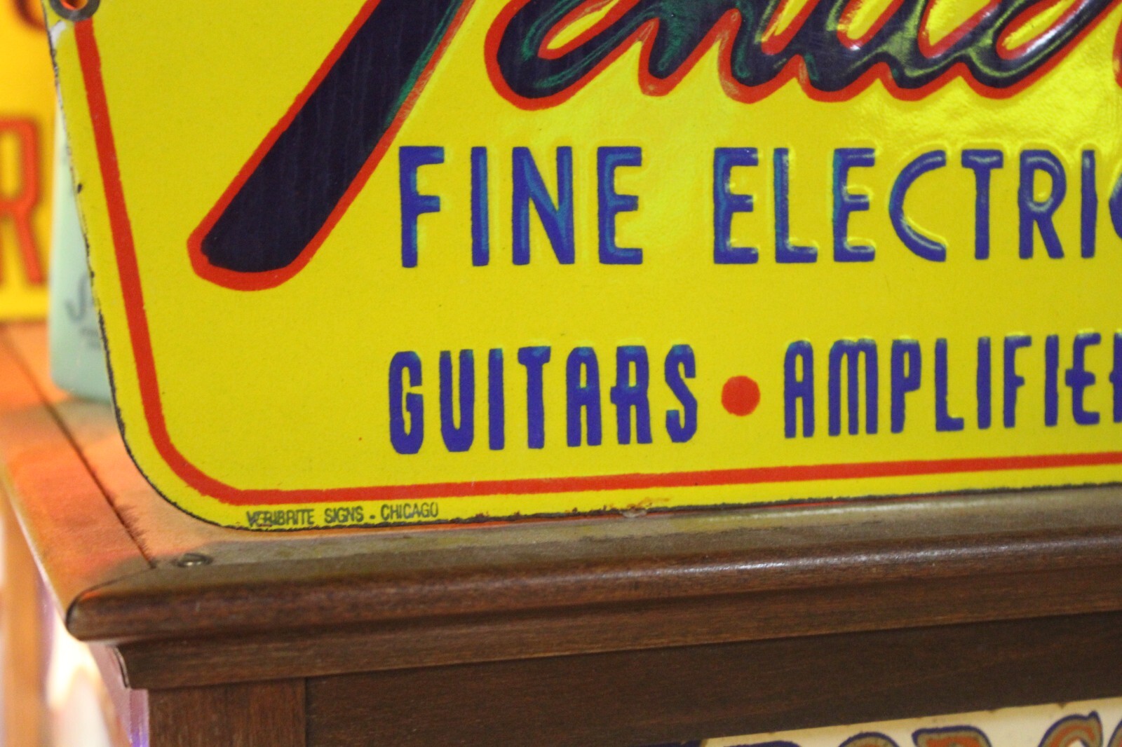 RARE LARGE FENDER GUITAR AUTHORIZED DEALER PORCELAIN METAL SIGN AMP ROCK BEATLES