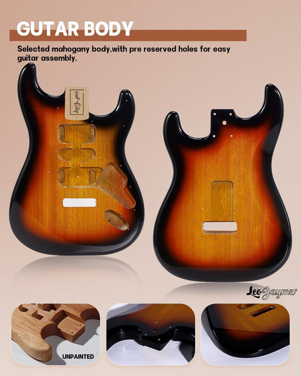 Leo Jaymz DIY ST Guitar Kit Sunburst Mahogany Body Maple Neck Full Set