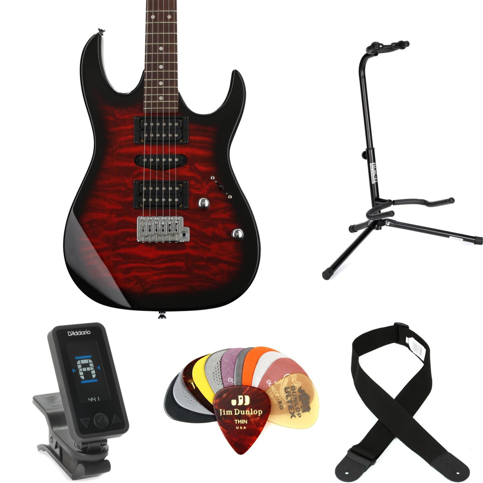 Ibanez Gio GRX70QA Electric Guitar Essentials Bundle – Transparent Red Burst