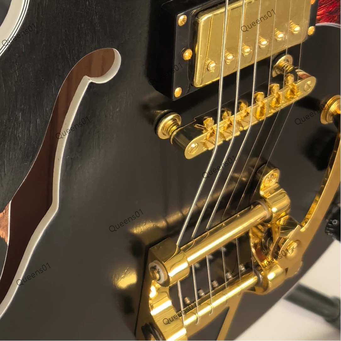 ​Aged Semi-Hollow Body Electric Guitar Tremolo Gold Hardware Black Fast Ship