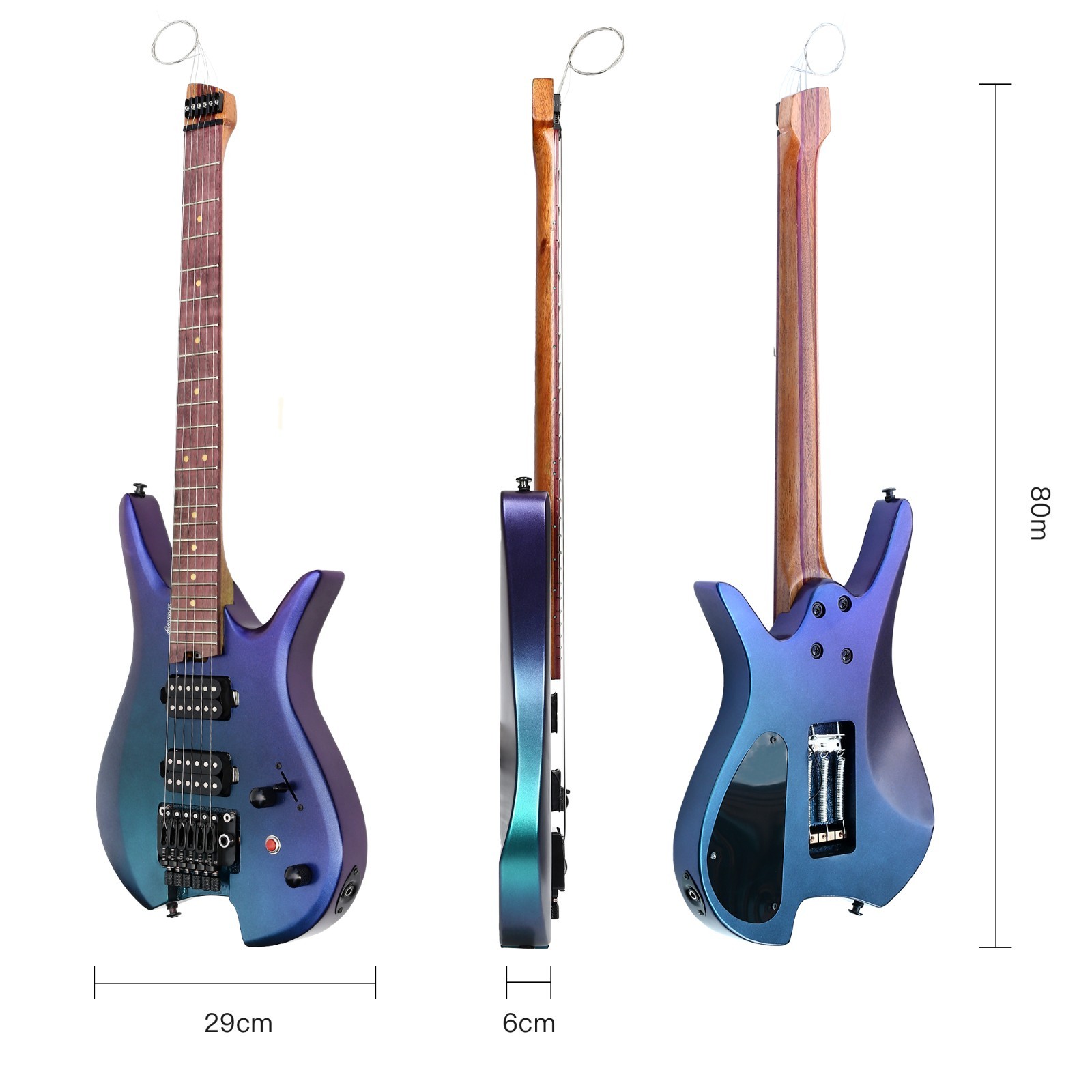 Batking Electric Travel Headless Guitar 6 String Double Locking Tremolo W/Gigbag