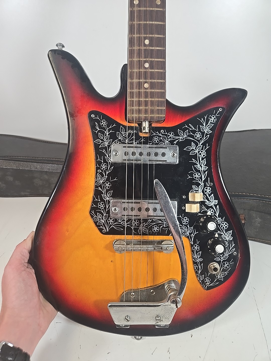 Vintage 1960s Teisco E-110 Tulip Sunburst Solid 6 String Electric Guitar Japan