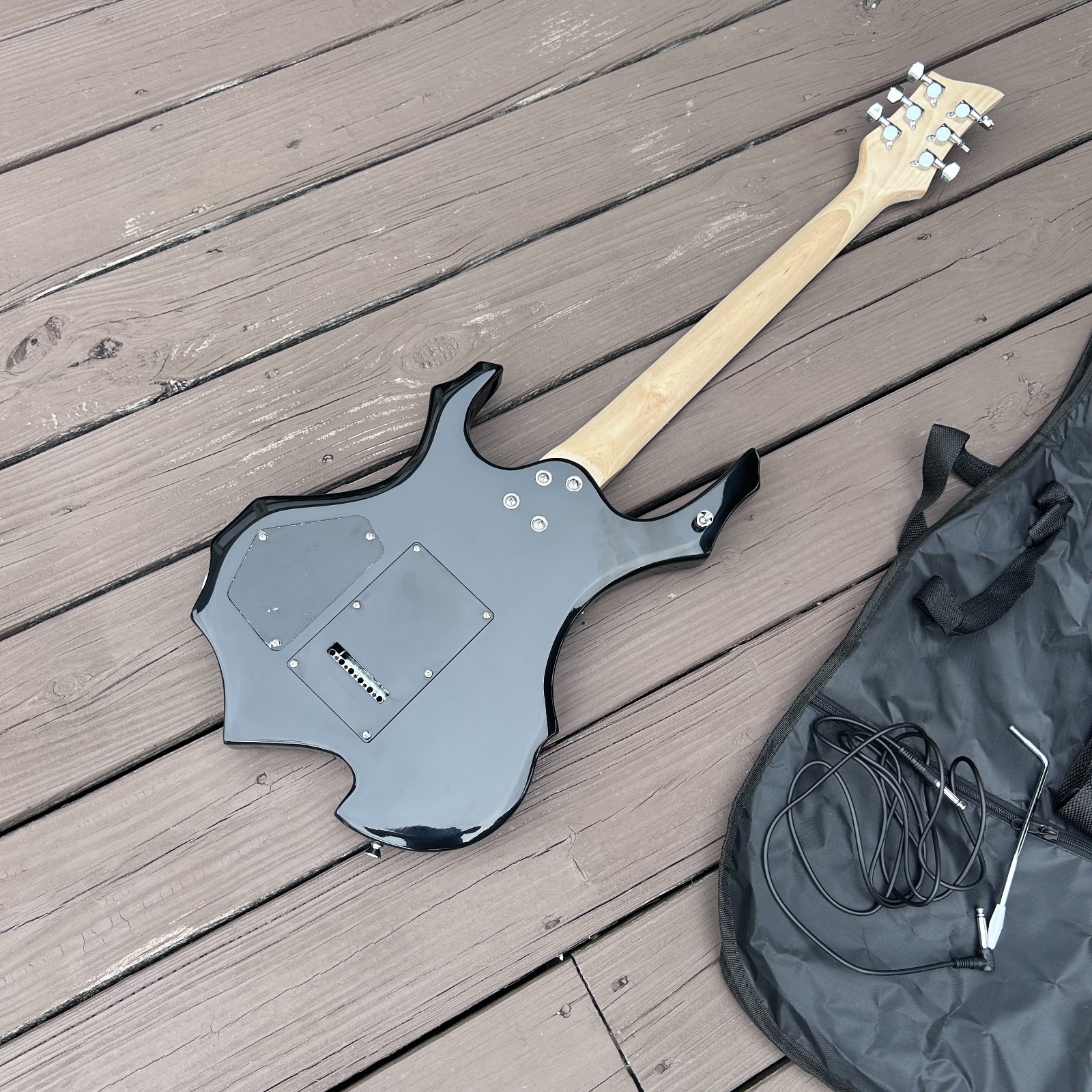 Full-Size Black Electric Guitar 24-Frets, Sawtooth Inlays, HSH Pickups, Gig Bag