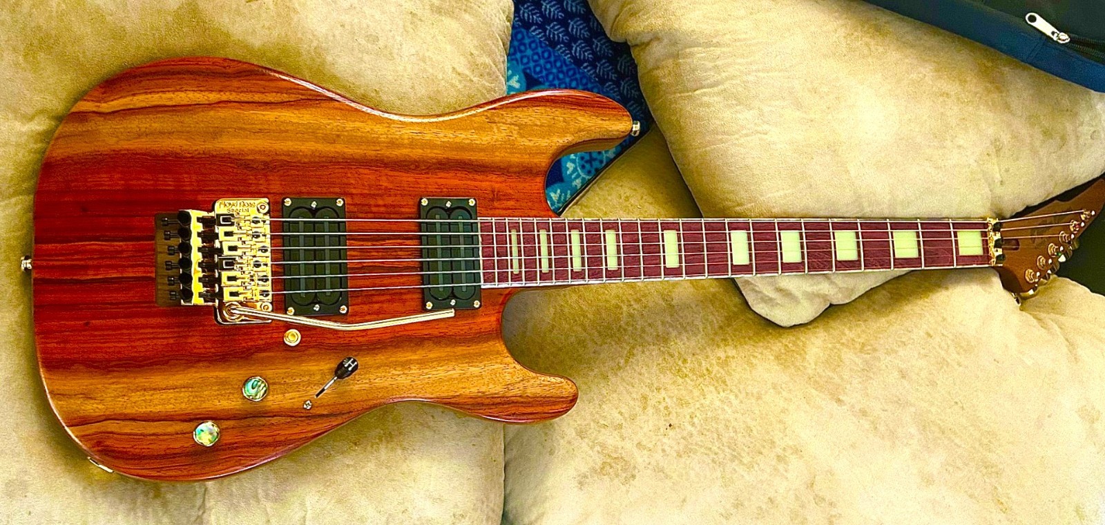Very cool custom strat style guitar, figured padauk top w roasted ash , SD SLUGS