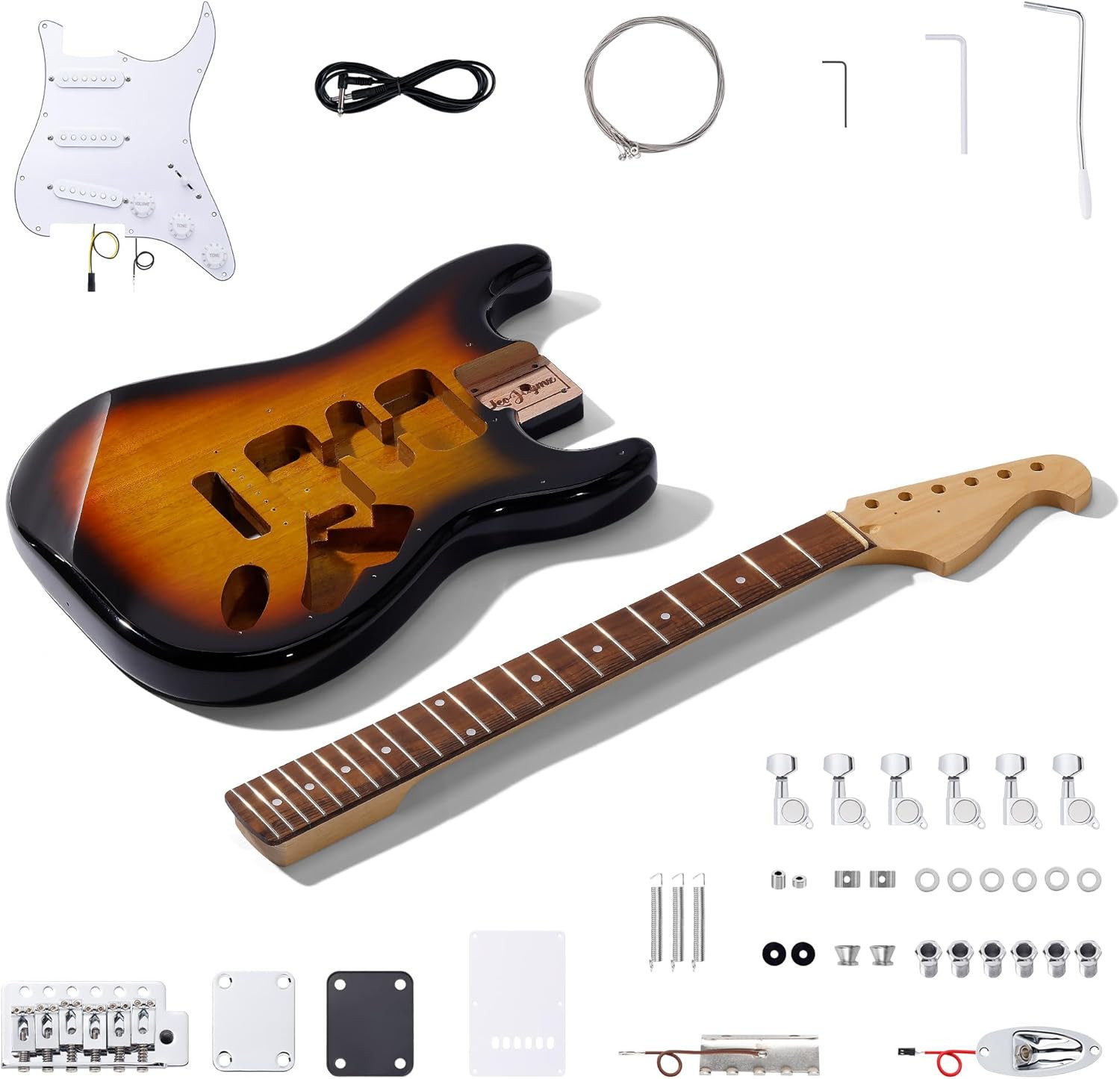 Leo Jaymz DIY ST Guitar Kit Sunburst Mahogany Body Maple Neck Full Set