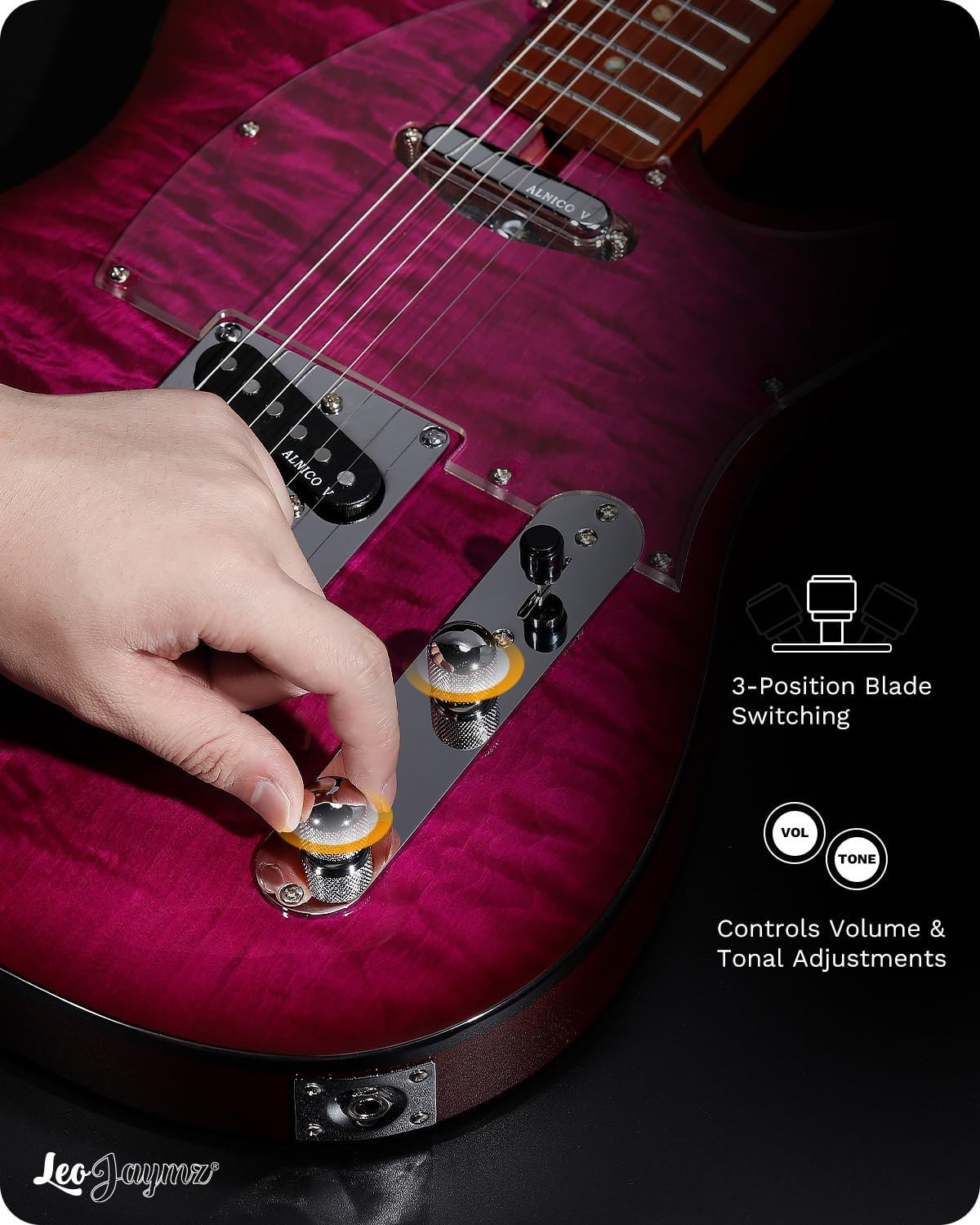 Leo Jaymz TL Electric Guitar Flame Maple Mahogany Alnico V Locking Purple