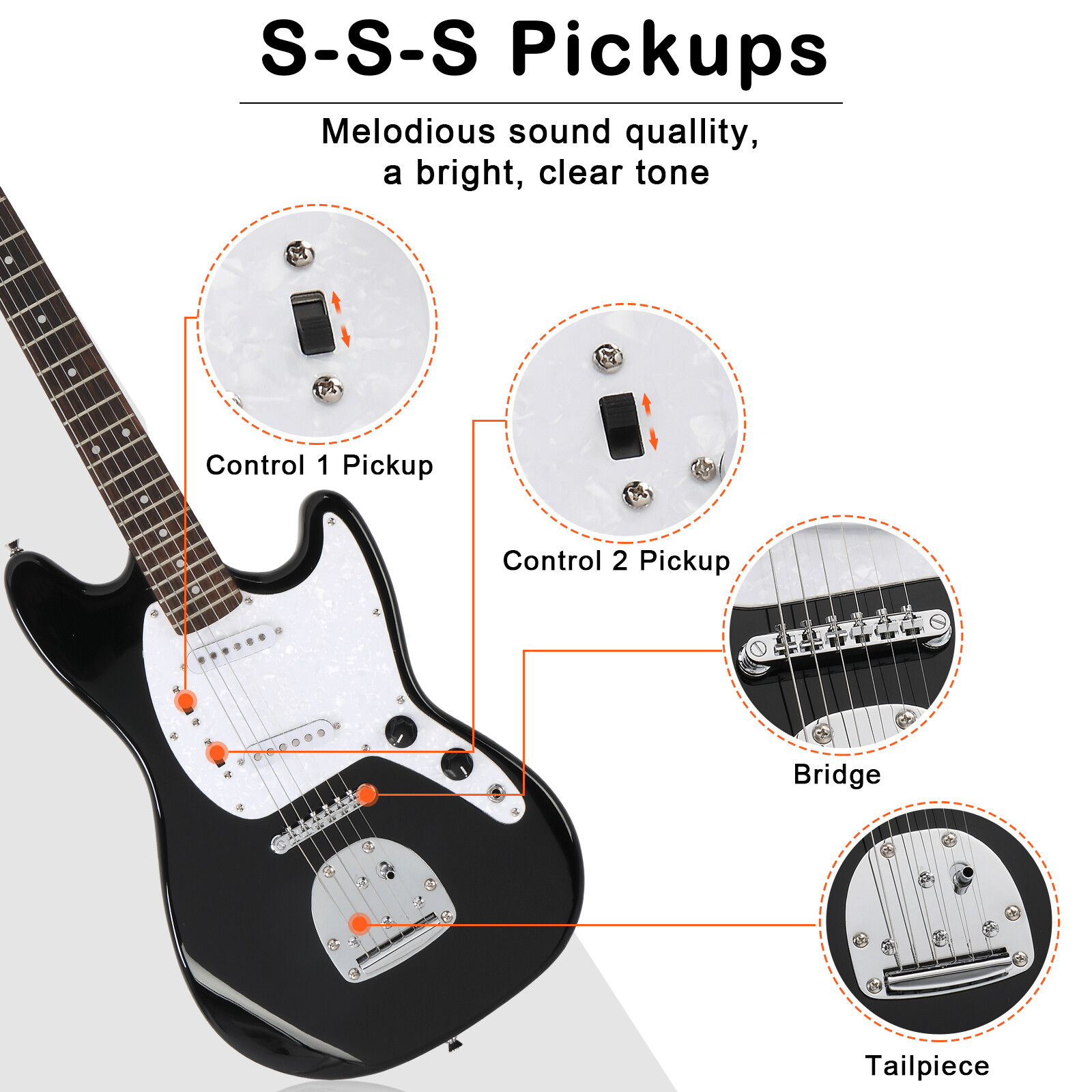 34″ Full Black Electric Guitar with AMP Bag Strap Picks Shake Cable Wrench Tool