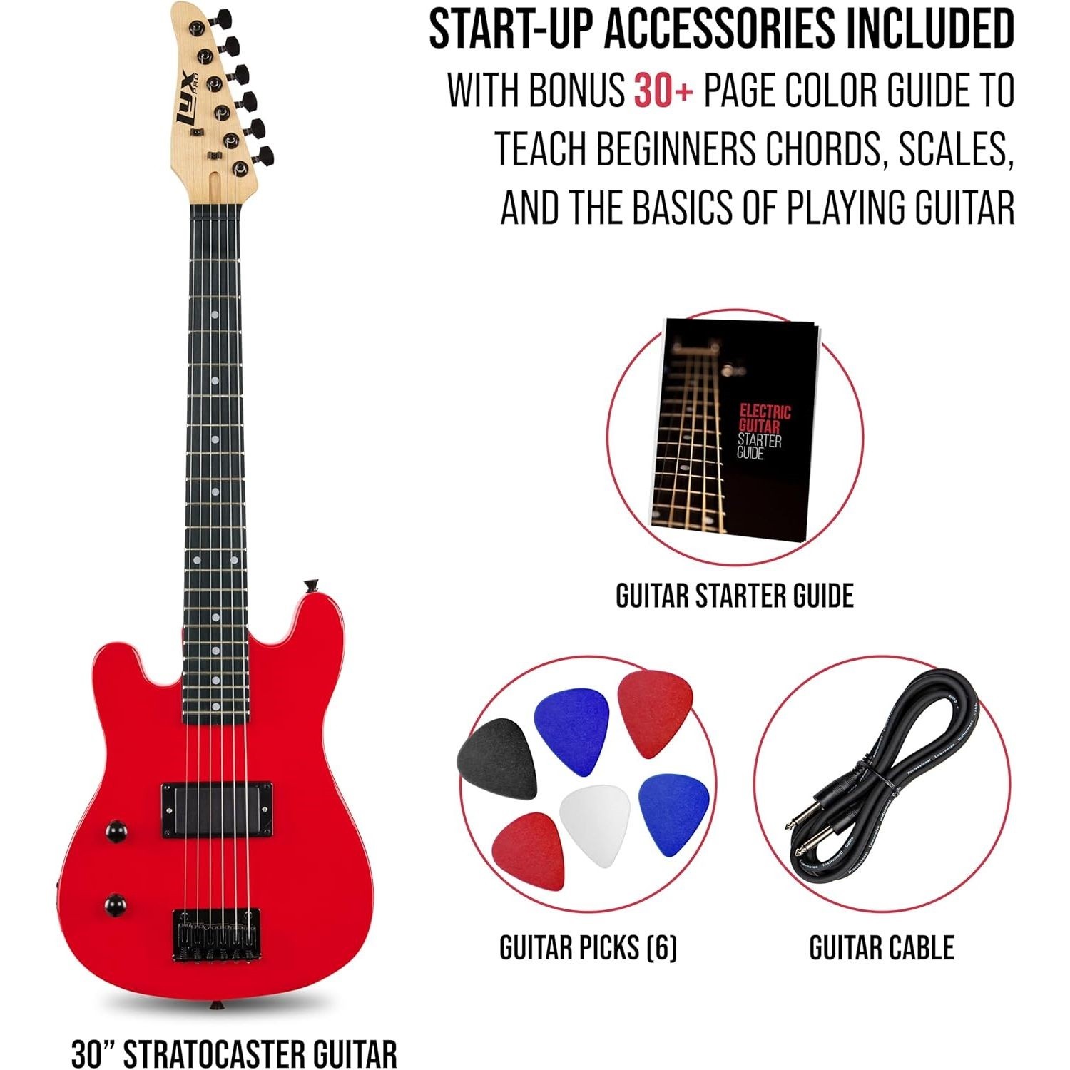 LyxPro CS 30in Left Hand Electric Guitar Kit Amp Cable 6 Picks Guide Red
