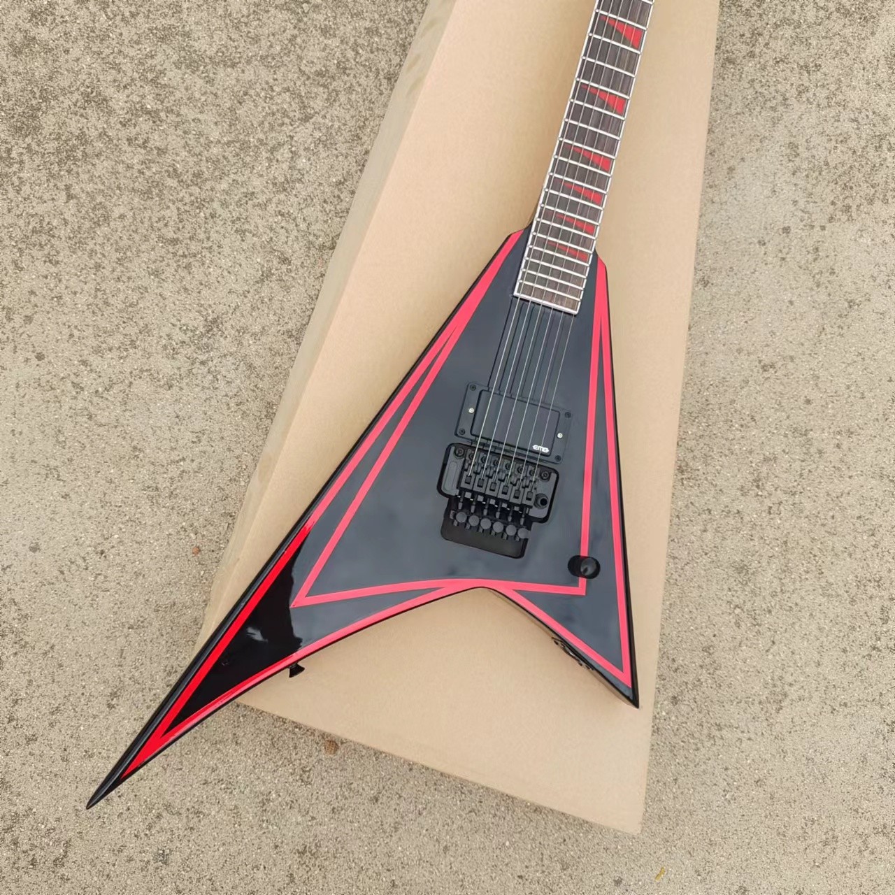 Black & Red Geometric Trim Flying V Double Tremolo Electric Guitar for Professio