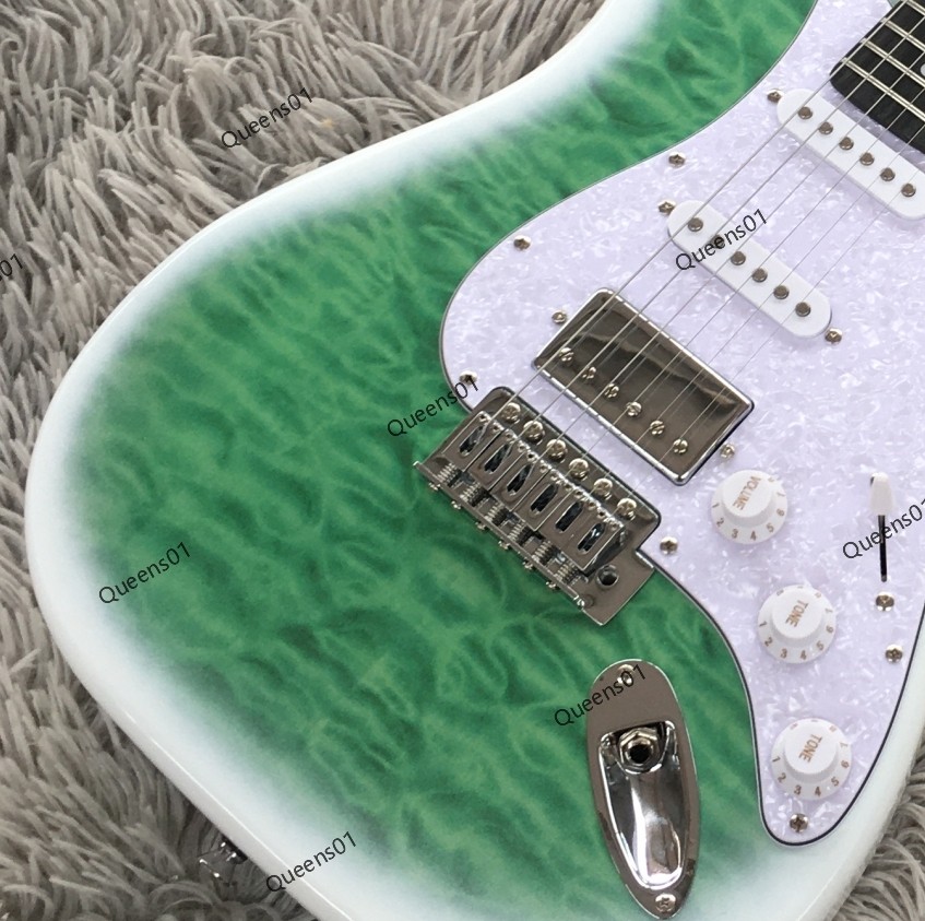 Electric Guitar SSH Pickups Quilted Maple Top Veneer Solid Body Green Fast Ship