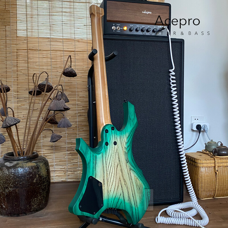 Green Burst Headless Electric Guitar Jumbo Stainless Steel Oblique Fret Ash Body
