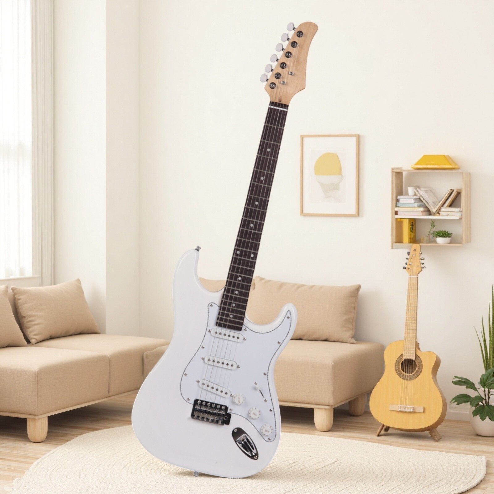 39″ Beginner S-Style Electric Guitar Set – Tremolo Full Size SSS-Pickups White
