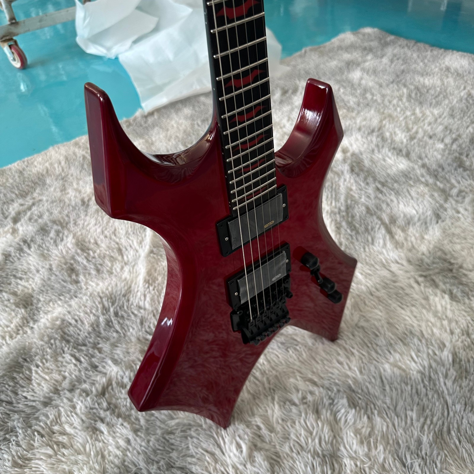 Bright Red Punk Style Electric Guitar With Double Lock Tremolo, Heavy Rock Rehea