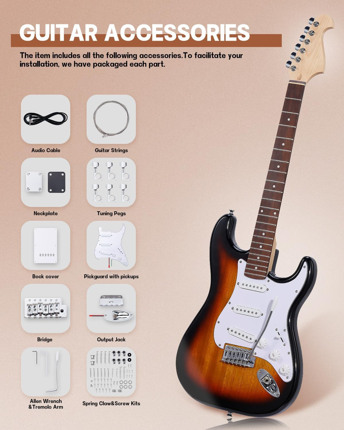 Leo Jaymz DIY ST Guitar Kit Sunburst Mahogany Body Maple Neck Full Set