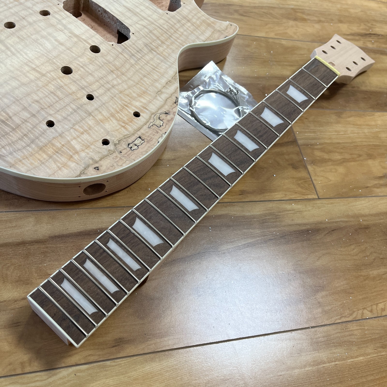 Natural Unfinished LP Style Guitar Kit Flame Maple Top Mahogany Neck DIY Build