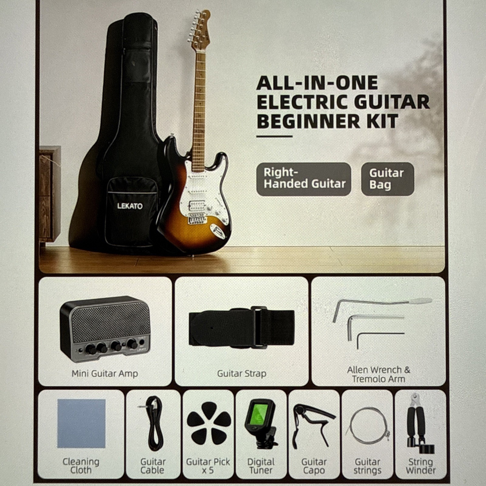 LEKATO 39 Inch HSS Electric Guitar Kit with 5w Mini Amp, Bag, Tuner, Capo, Strap