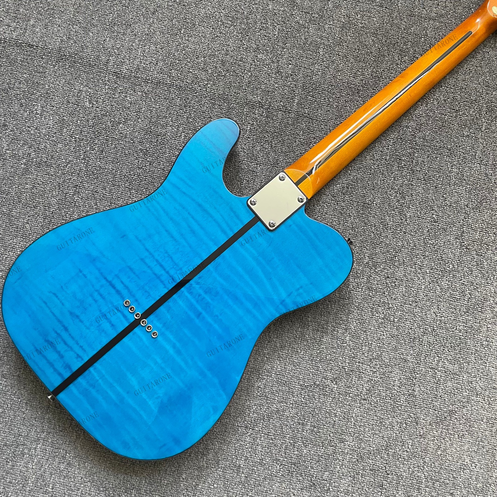 Handmade Solid Body Electric Guitar Blue Flamed Veneer Body Stainless Steel Fret