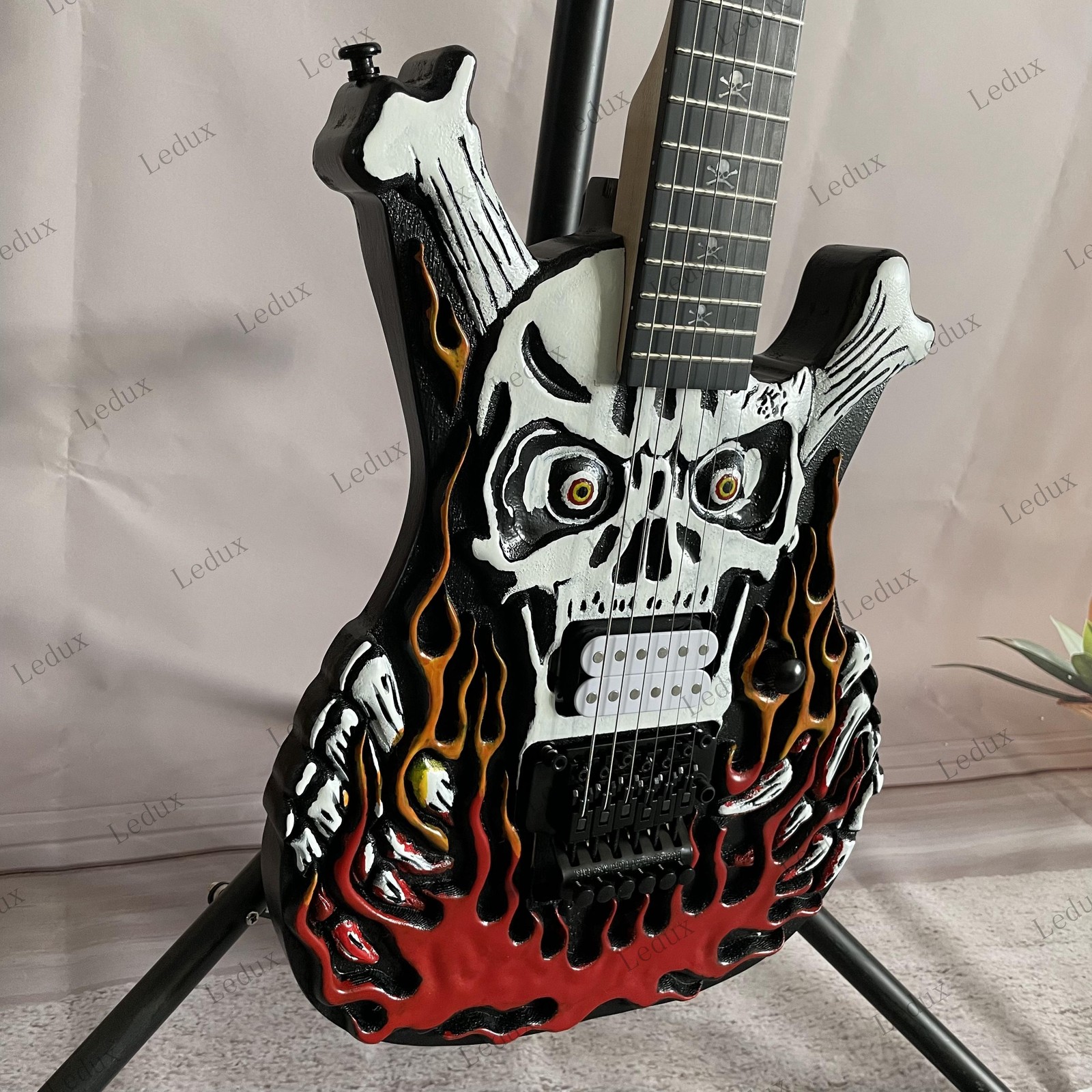 Skull Flame Graphic Solid Body Electric Guitar Stainless Steel Rounded Fret Edge