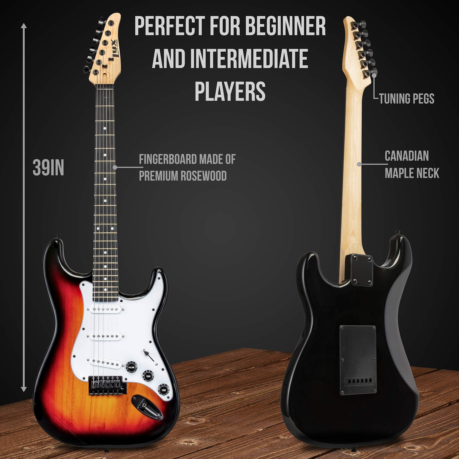 LyxPro Beginner 39” Electric Guitar & Electric Guitar Accessories, Sunburst