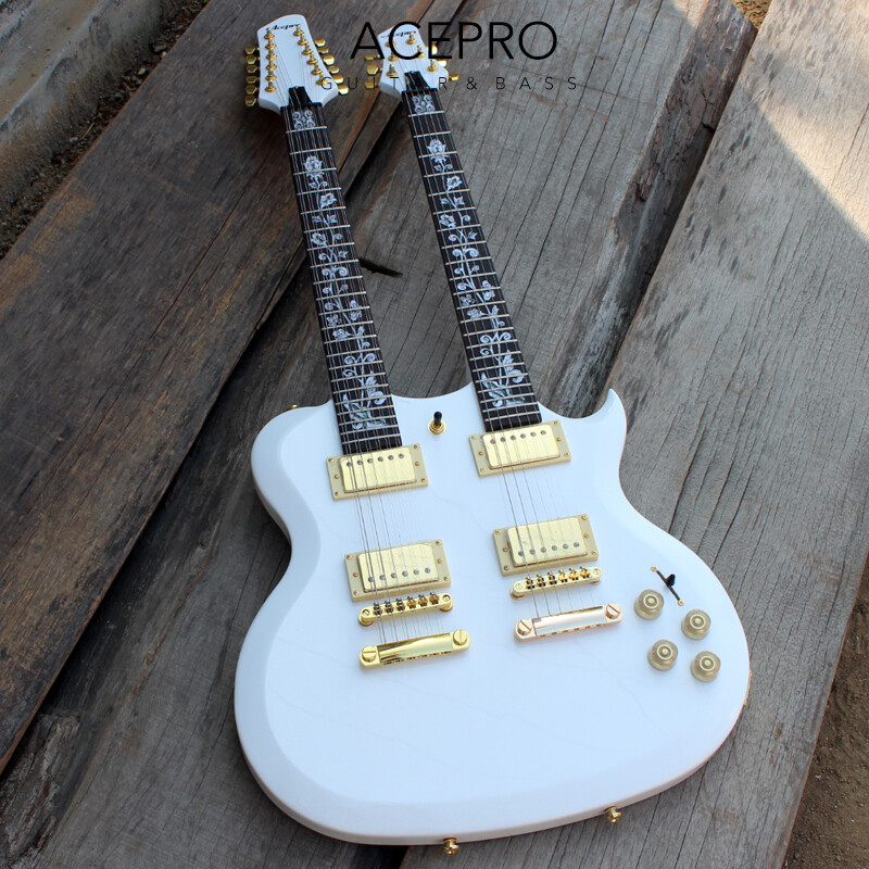 Acepro Double Neck White Electric Guitar Carved Top Abalone Custom Stem Inlays