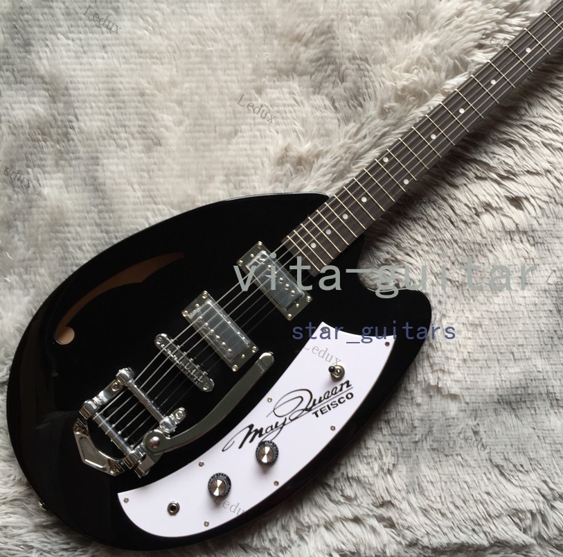 Semi Hollow Body Black Color Electric Guitar F Hole Mini Pickups Chrome Hardware
