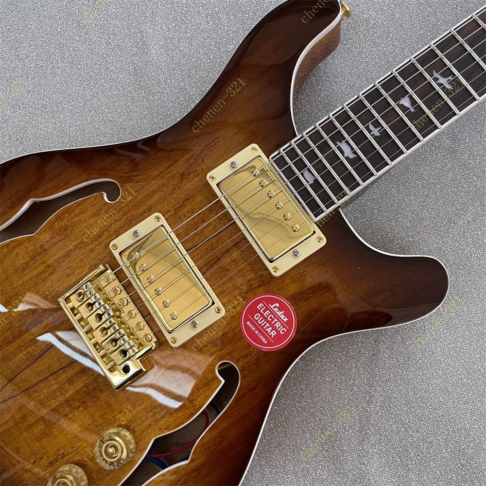 Semi-Hollow Electric Guitar Spalted Maple Top Bird Inlay Bone Nut Tobacco Burst