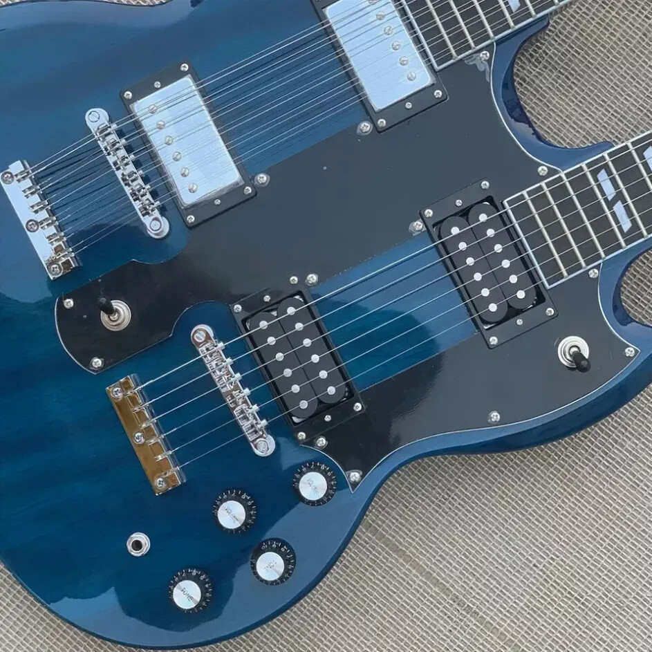 Blue 12 & 6 Strings Slash Double Neck Electric Guitar Split Parallelogram Inlay