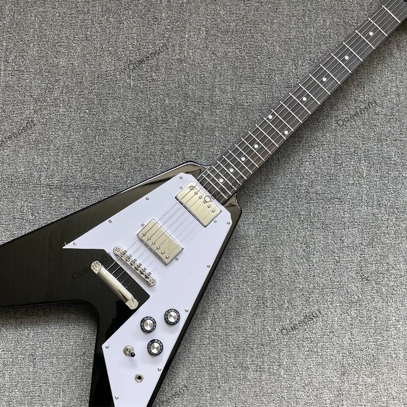 V Shaped Electric Guitar Stainless Steel Frets Chrome Hardware Solid Gloss Black