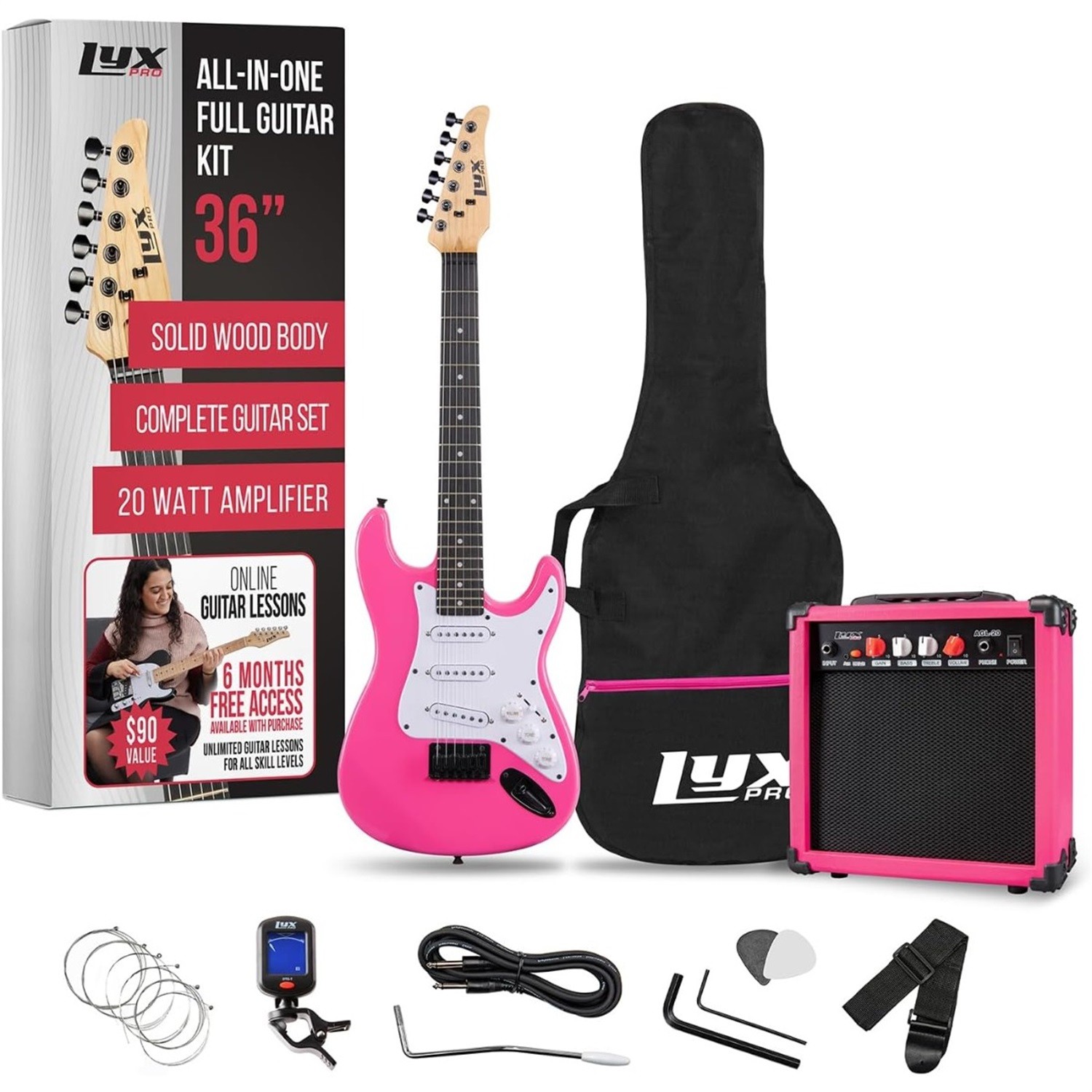 LyxPro 36in Electric Guitar Kit 20W Amp Tuner Picks Strap Case Bundle Pink