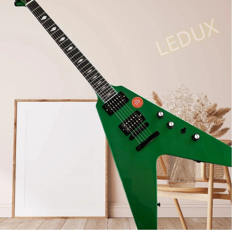 V shape 24 frets metallic green Electric Guitar black Part Mahogany Body&Neck