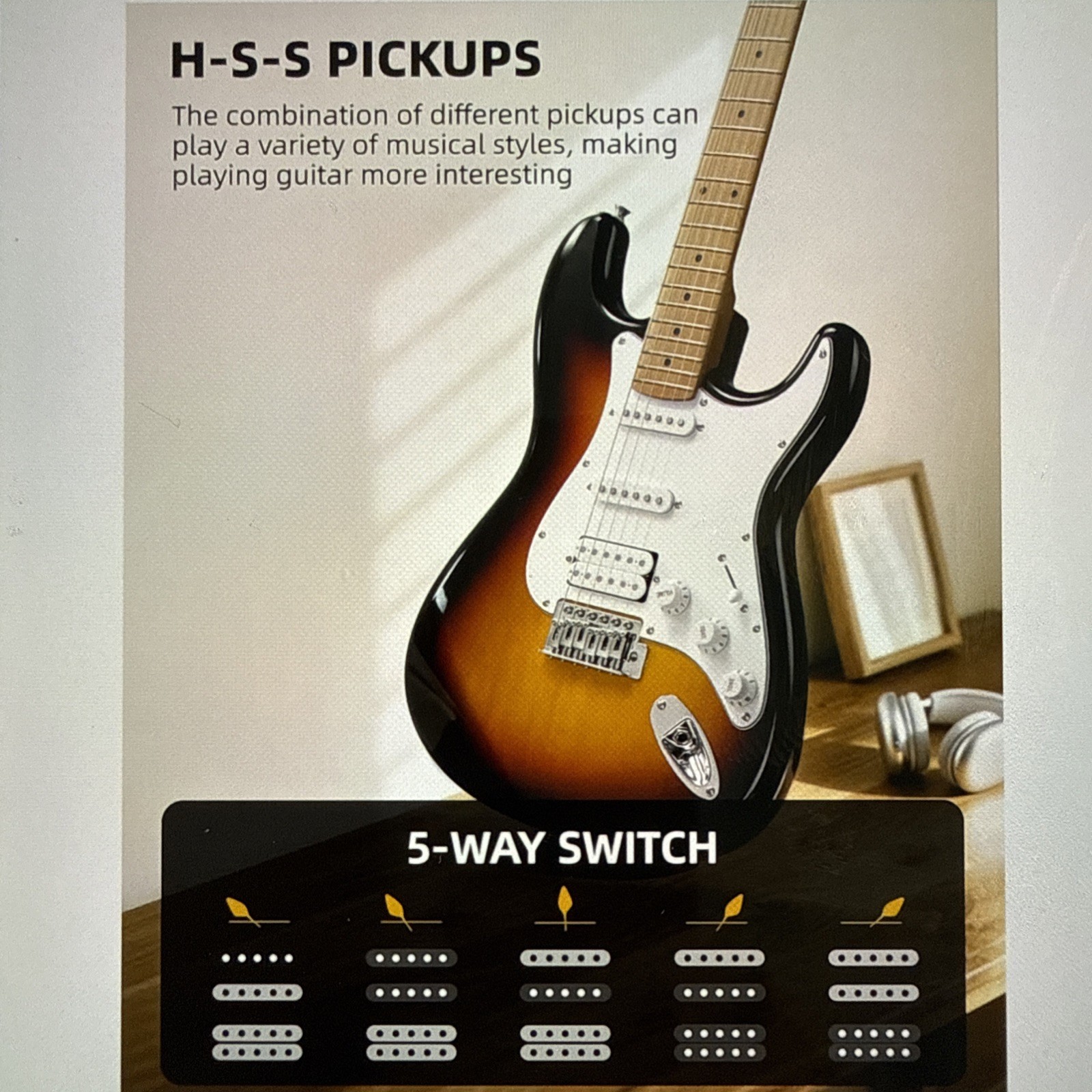 LEKATO 39 Inch HSS Electric Guitar Kit with 5w Mini Amp, Bag, Tuner, Capo, Strap