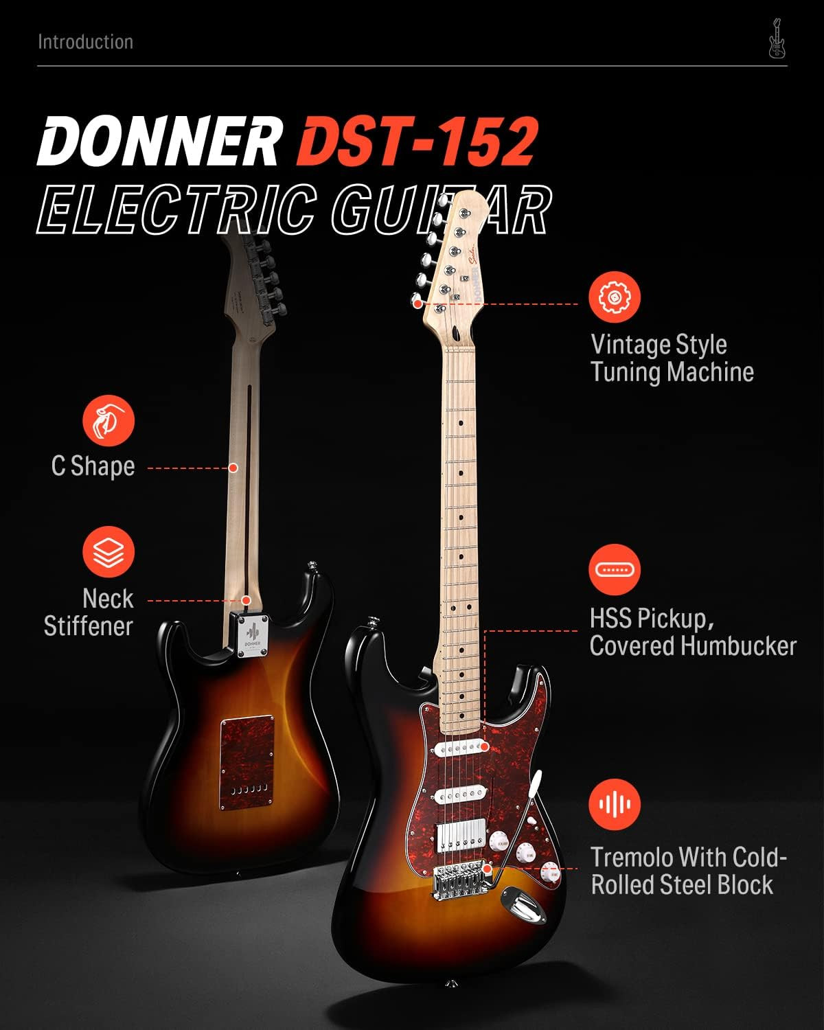 Donner DST-152S Electric Guitar Kit 39″ HSS Coil Split Starter Pack Sunburst