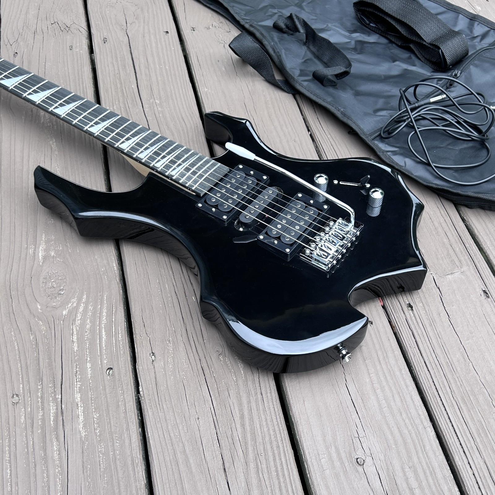 Full-Size Black Electric Guitar 24-Frets, Sawtooth Inlays, HSH Pickups, Gig Bag