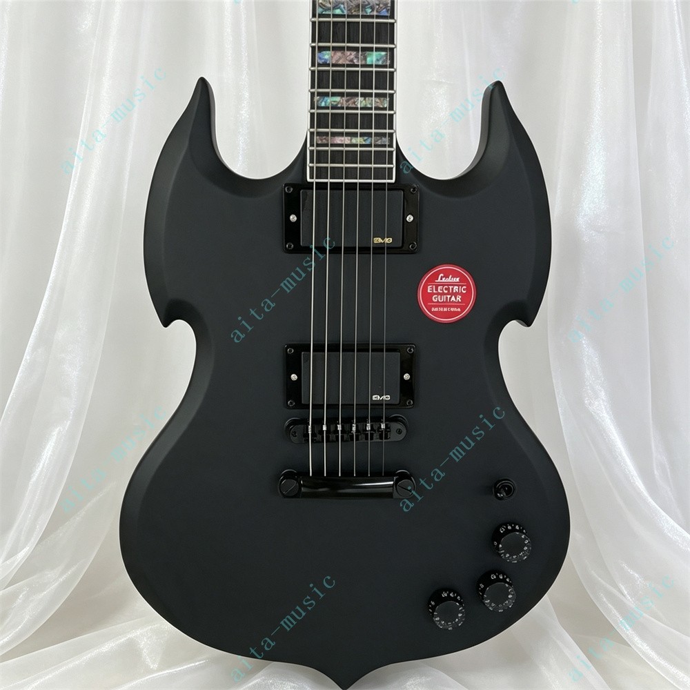 Solid Electric Guitar Double Horn Offset Abalone Inlay Fingerboard Matte Black
