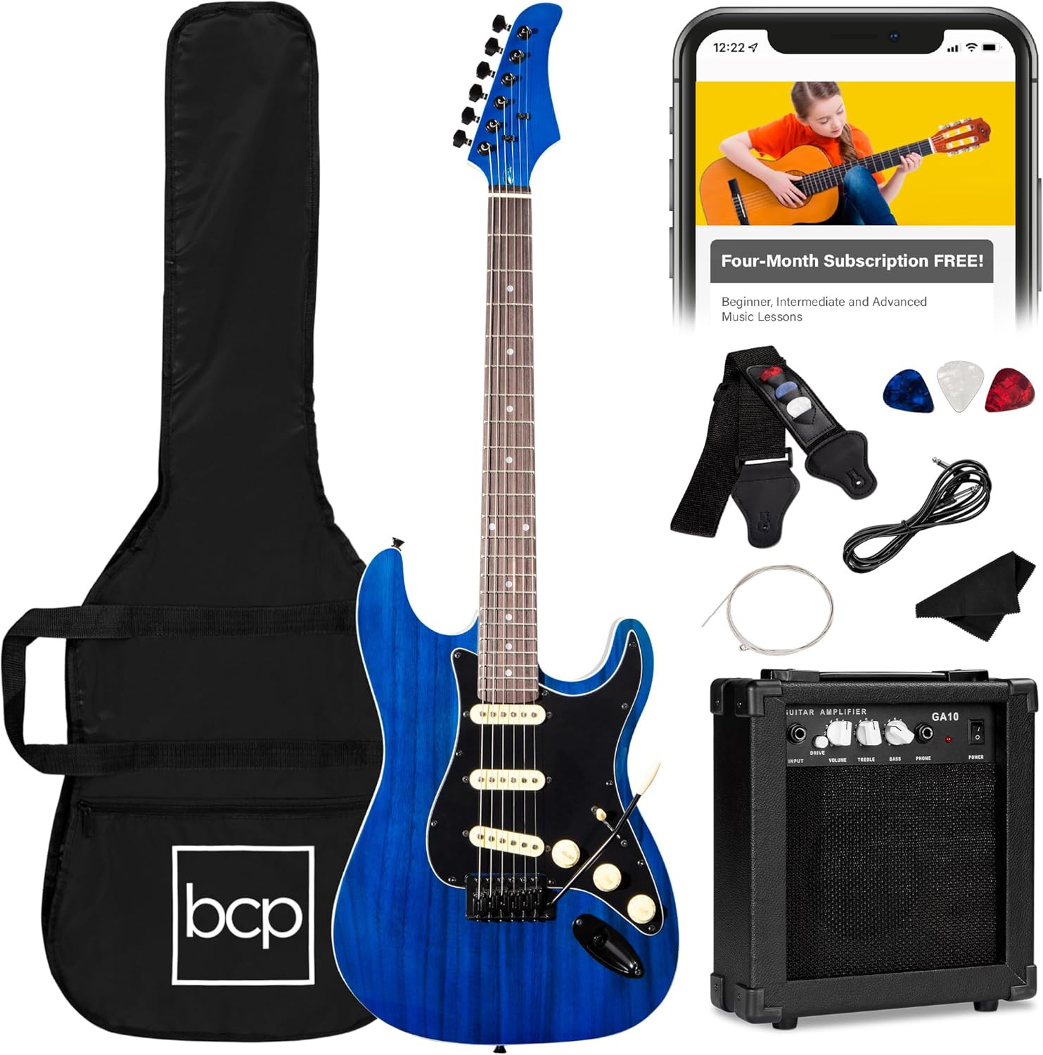 39In Full Size Beginner Electric Guitar Starter Kit W/Case, Strap, 10W Amp, Stri
