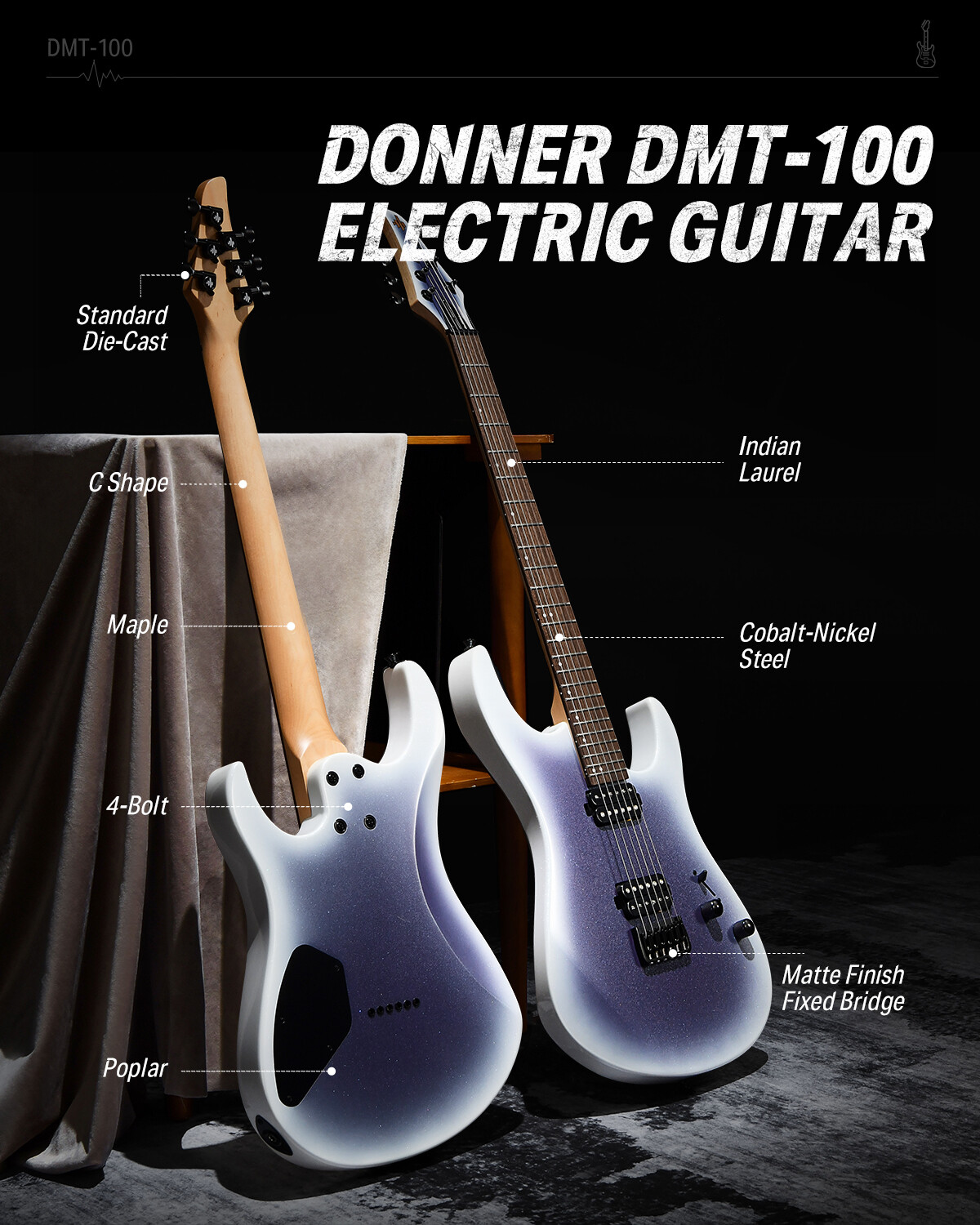Donner DMT-100 Metal Electric Guitar 24 Fret With Gig Bag Purple Gloss HH Pickup