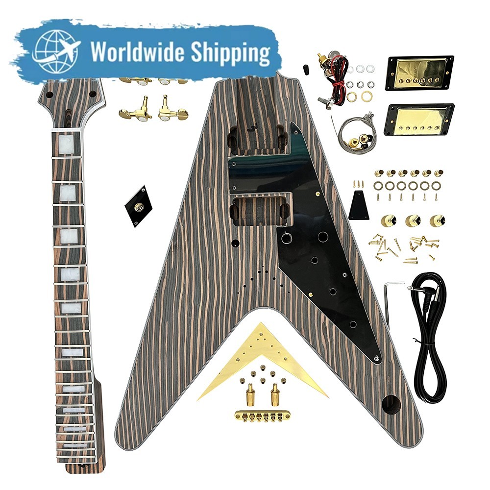 Whole Body Zebrawood Unfinished V Bridges DIY Electric Guitar Kits FREE SHIP